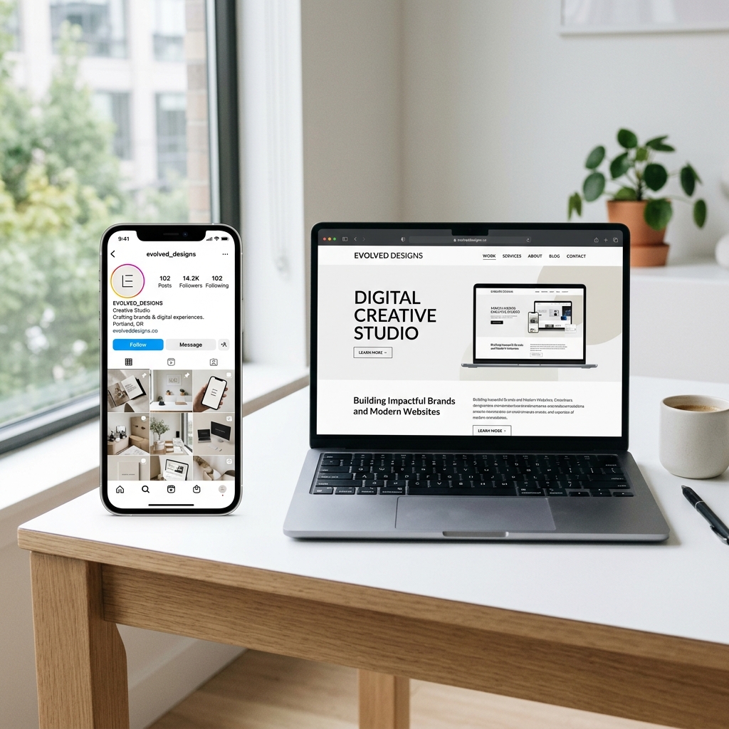 Smartphone showing Instagram next to laptop with website