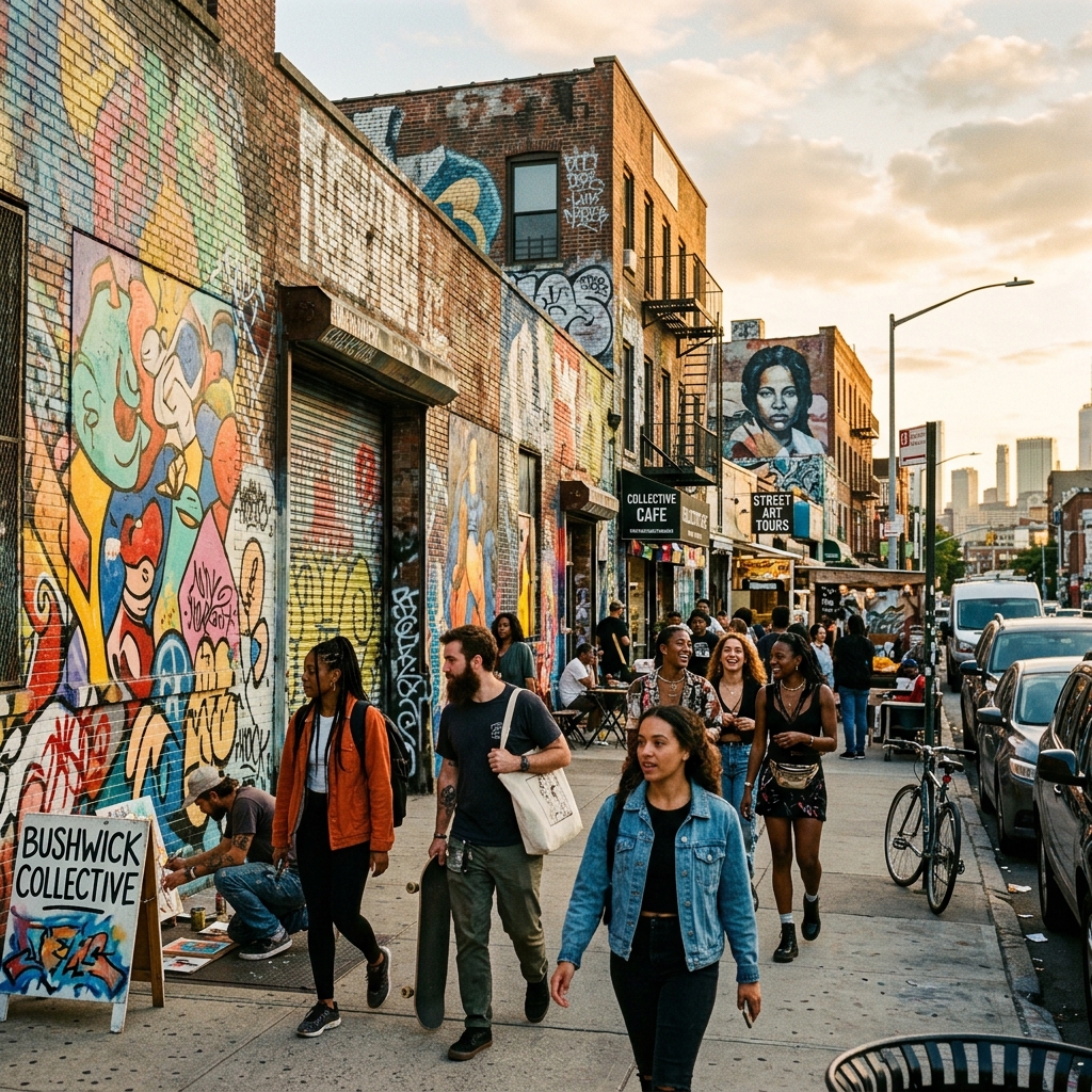 Brooklyn NYC street scene with graffiti and urban energy